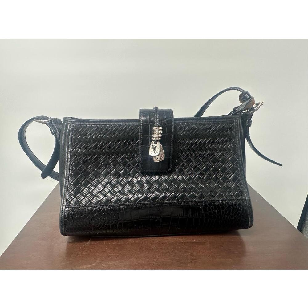 Brighton‎ Bree Black Woven Shoulder Handbag Purse Bag Leather Plaid Liner Y2k